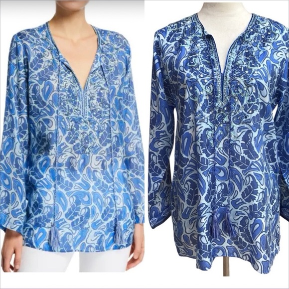 Bella Tu Abby Split- Neck Long Sleeve Tunic With Tassel Ties Beaded Trim… - Picture 9 of 16